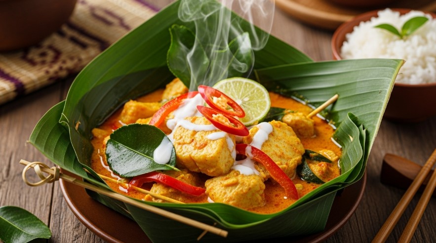 Amok trey served steaming in a banana leaf